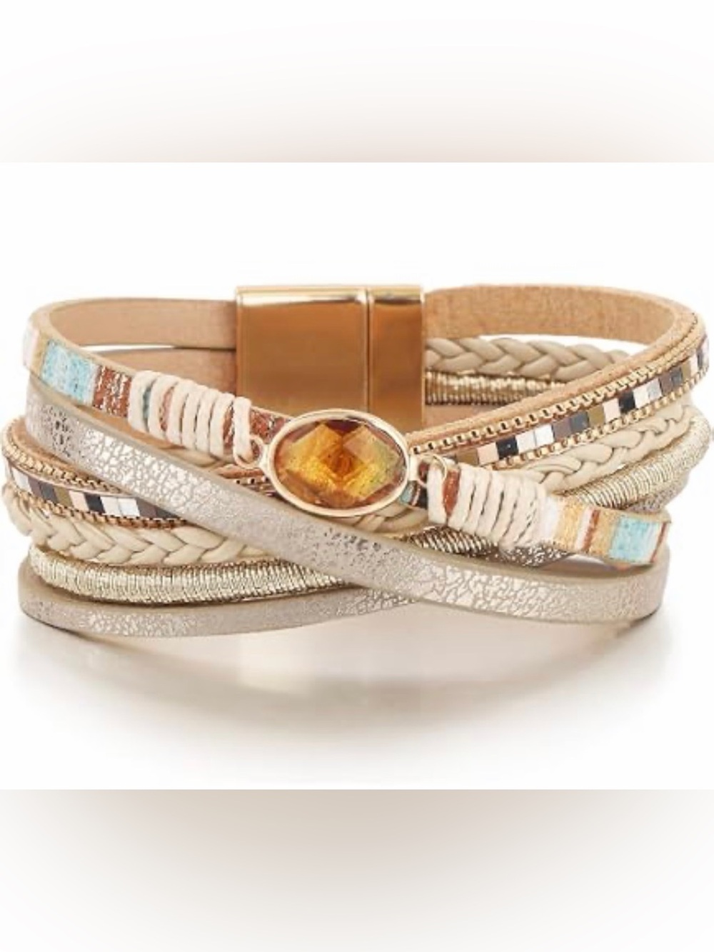 Gold and Beige Multi-Strand Bracelet with Amber Stone